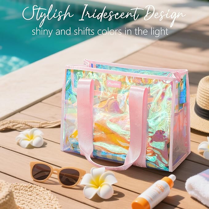 Bagstellar Iridescent Beach Bag, Jelly Tote Bag with Phone Pouch Makeup Bag | Large Beach Bags Waterproof Sandproof, Zipper Beach Tote Clear Pool Swim Boat Bag for Women Summer Travel Cruise Essentials - Image 5