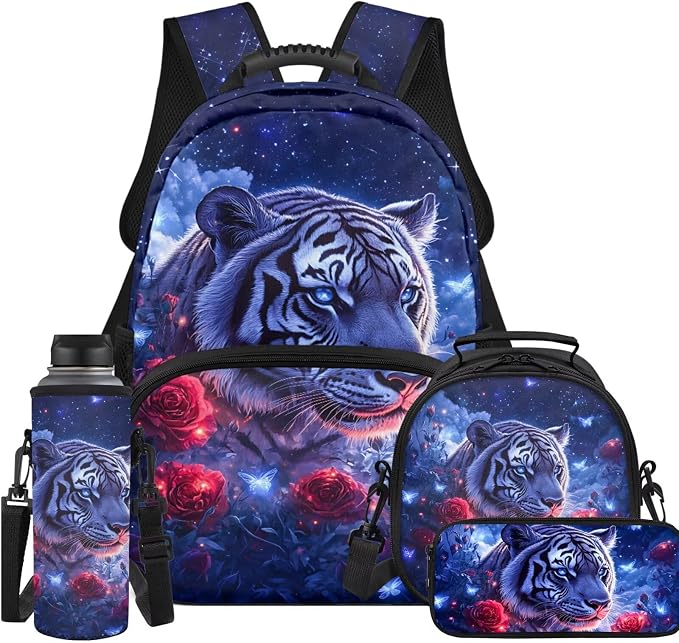 Sacred Tiger Bookbag and Lunch Box Set for Boys Ages 5-11 School Bag Primary Kindergarten Middle Lightweight Kids Backpack Pencil Case Portable Water Bottle Holder 4Pcs Set 17 inch by Unknown