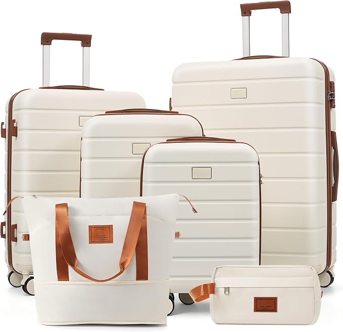 Ivory Brown 6 Piece Luggage Set Hard Shell - Checked Suitcases with Spinner Wheels & Expandable Duffel Bag for Family Travel, Durable Carry On Luggage Sets with Lock for Women and Men by Unknown