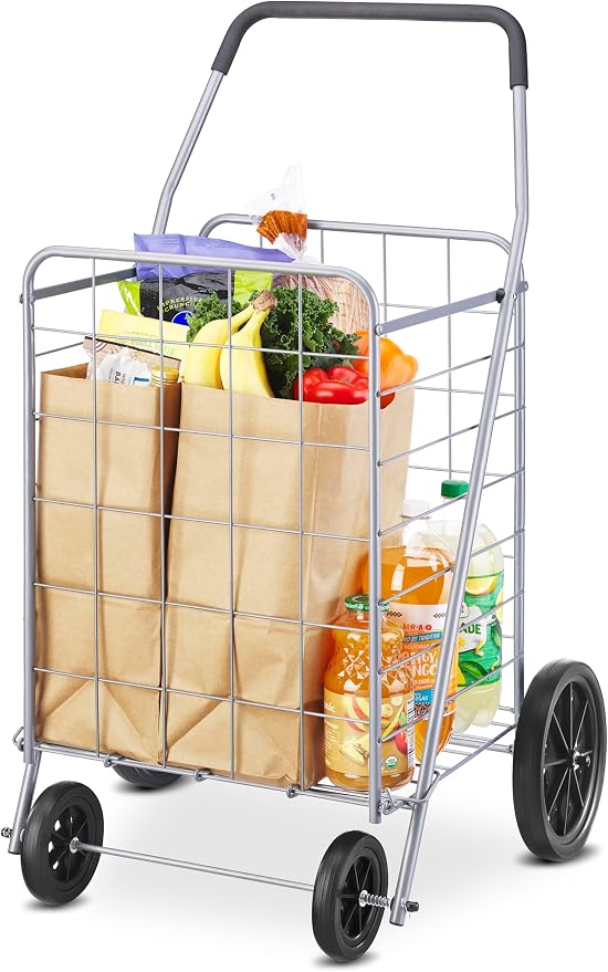 Whitmor Deluxe Utility Foldable Shopping Cart with Wheels, 100 Lb Capacity, Heavy Duty Grocery Cart with Steel Frame, Foam Handle, Rolling Folding Utility Trolley for Grocery, Laundry, Travel, Gray - Image 5