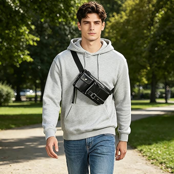 Water Resistant Canvas + Leather Hiking Riding Travel Fanny Waist Pack Small Phone Pouch For Men Women FB811-29 (100% Leather-The 8135 Black) - Image 3