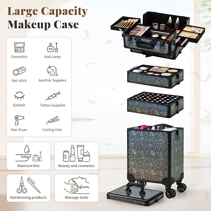 AROUS Rolling Makeup Train Case 5 in 1 Cosmetology Case on Wheels Large Cosmetic Organizer Travel Cart for Hairstylist Artist Nail Beauty Salon Barber,Black - Image 4