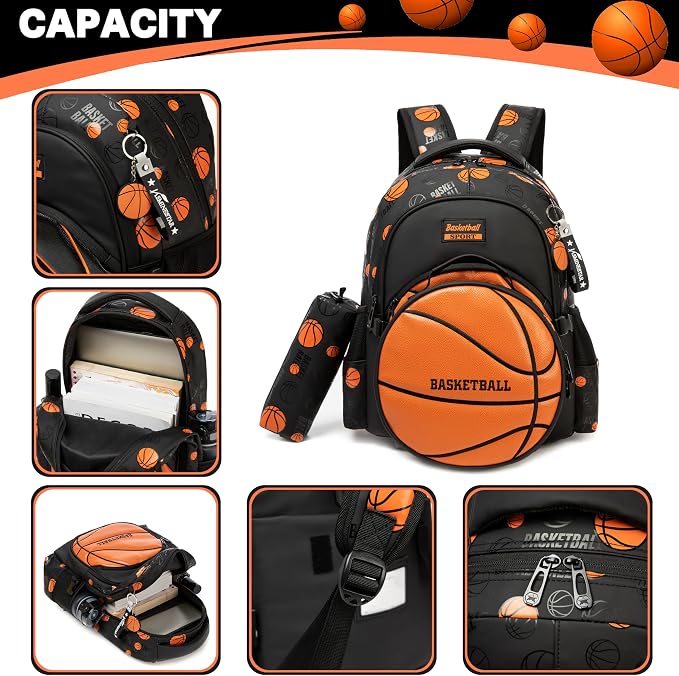 Boys' School Backpack with Lunch Box and Pencil Case - Ideal for Teens and Middle School Students, Orange Basketball - Image 4