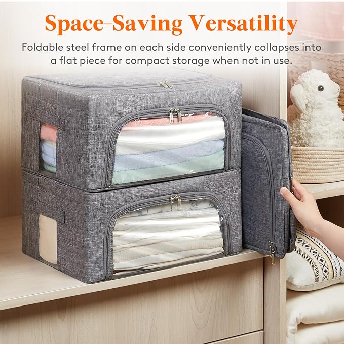 Lifewit Clothes Storage Bins with Metal Frame, Stackable Storage Box, Foldable Clothing Storage Bins with Lids, 25L Storage Bags Fabric Box Organizer with Clear Window＆ Zippers＆ Sturdy Handles 6 Pack - Image 6