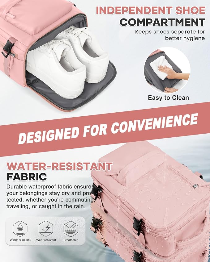 WONHOX Large Travel Backpack Women, Carry On Backpack,Hiking Backpack Waterproof Outdoor Sports Rucksack Casual Daypack with Shoes Compartment, Pink - Image 4