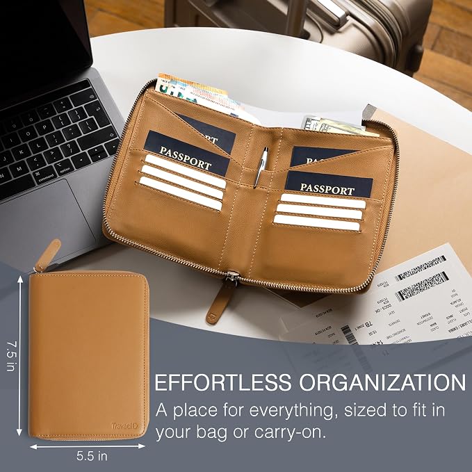 Full Grain Leather Family Passport Holder for 4 Passports - RFID Passport Holder and Travel Document Organizer - Large Leather Travel Wallet for Families - Camel - Image 5