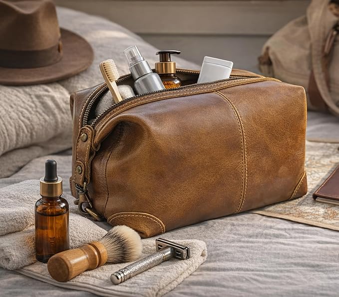 RUSTIC TOWN Full Grain Leather Toiletry Bag for Men & Women – Handcrafted Travel Dopp Kit – Large Water-Resistant Makeup & Shaving Organizer - Image 3
