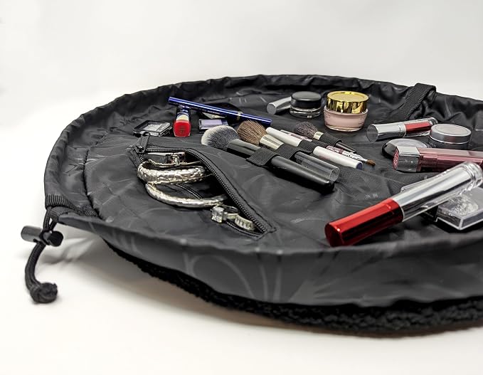 Lay-n-Go Cosmo Drawstring Cosmetic & Makeup Bag Organizer - Portable Drawstring Makeup Bag w/Zipper Pocket, Makeup Loops & More - Durable, Machine Washable Toiletry Bag (20", Comfort/Black Sherpa) - Image 2