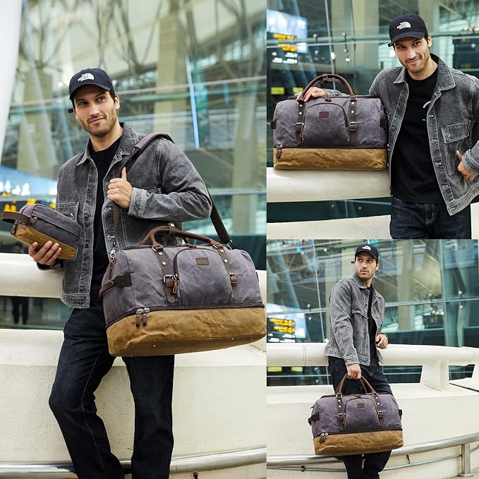 Nerlion Weekender Bag with Shoe Compartment Large Overnight Bag for Men Canvas Genuine Leather Carry on Luggage Bag Travel Duffel Bag(Gray) - Image 7