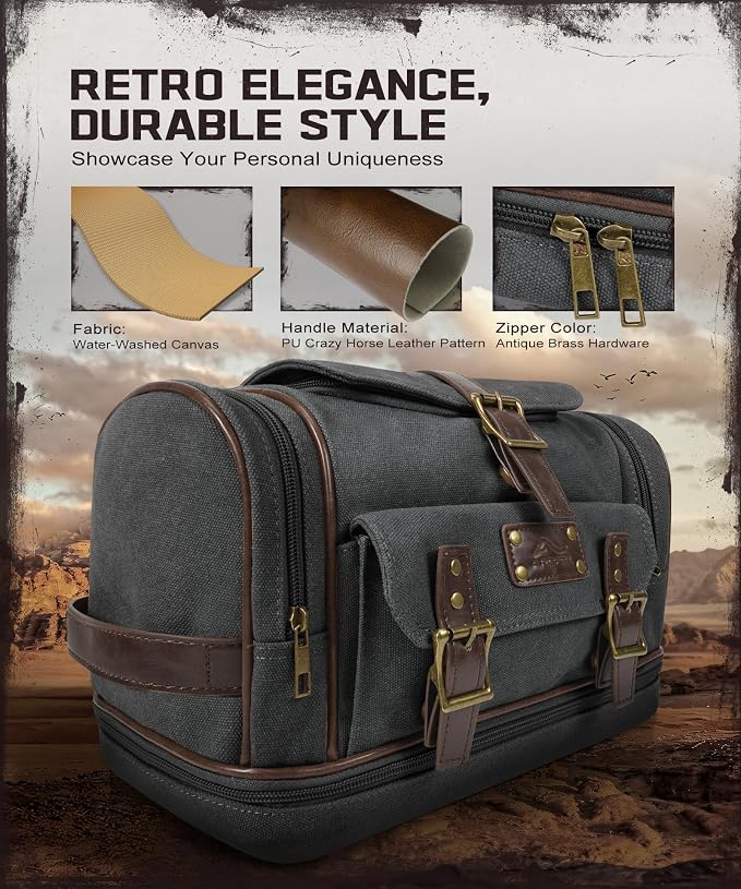 ARCFOX Travel Hanging Toiletry Bag for Men, Vintage Canvas Large Toiletry Bag with 7 Compartments, Camping Gym Travel Toiletry Kit Organizer with PVC Wet & Dry Pockets, Personalized Wash Bag, Black - Image 9
