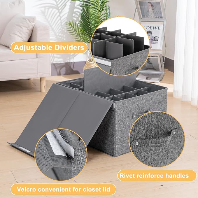 2 Pack Shoe Storage Box Fits 32 Pairs, Large Shoe Organizer with Lid and Adjustable Dividers for Closet, Shoes, Sneakers and High Heeled, Foldable and Stackable (Grey) - Image 3
