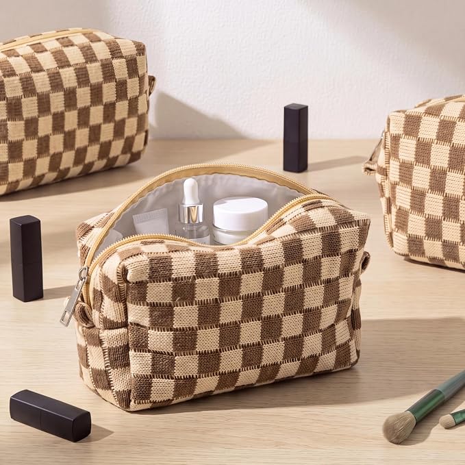 Gilprop 12 Pcs Checkered Makeup Bag for Purse Small Cosmetic Pouch Bulk Portable Zipper Makeup Pouch Travel Toiletry Organizer Gifts for Women Bridesmaid Wedding Party Favors (Brown) - Image 3