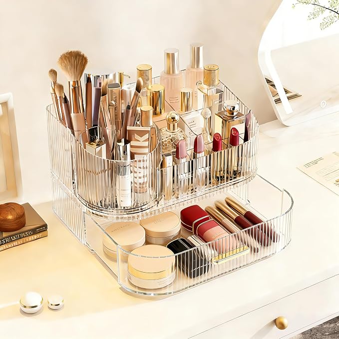 Makeup Organizer with 360° Rotating Brush Holder and Stackable Drawers, Cosmetic Display Case for Vanity, Bathroom Countertop (Clear, 2 Layer) - Image 3