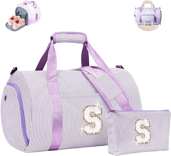 Birthday Gift for Grandkids, Girls Travel Duffle Bag, Kids Initial Overnight Duffel Bags with Shoe Compartment, Personalized Dance Bag with Cosmetic Pouch, Teenager Girl Gift Idea (Letter S) by Vogewood