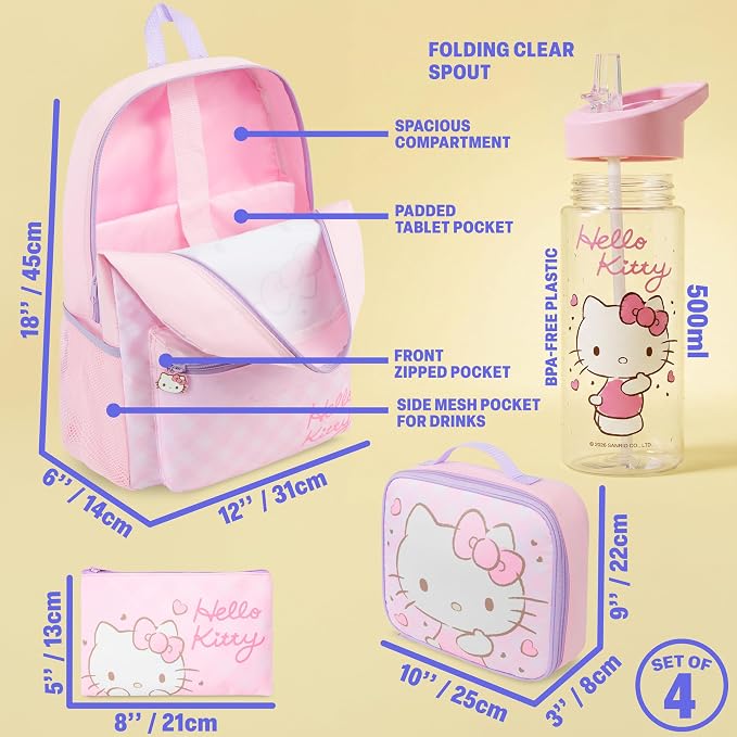 Get Trend Hello Kitty Girls Backpack, Lunch Bag, Pencil Case, Water Bottle | Sanrio 4 Pc Set, 18in Bookbag, Insulated Lunch Bag, Pencil Pouch & 16.9 fl oz BPA-Free Water Bottle, School, Gifts for Girls - Image 3