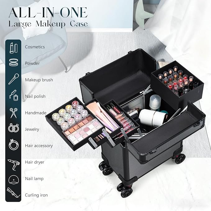 Rolling Makeup Case, Cosmetology Case on Wheels Professional Vanity Case with Trays for Women Large Travel Makeup Box Organizer Trolley with Key, Ashy Grey - Image 2