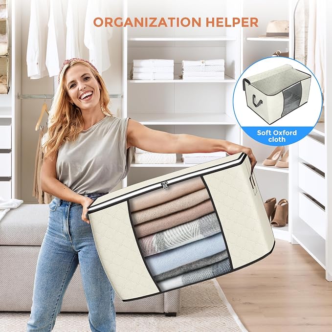 90L Large Storage Bags, 10 Pack Clothes Storage Bins Closet Organizers | Foldable Storage Containers, with Reinforced Handle, for Clothing, Blanket, Comforters, Bed Sheets, Pillows and Toys,Beige - Image 6