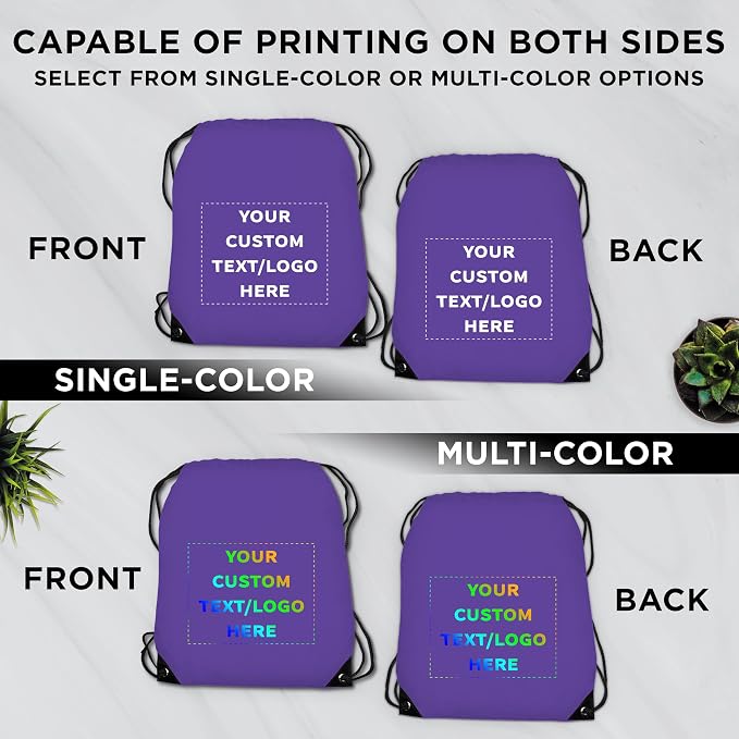 DISCOUNT PROMOS Custom Black Trim Drawstring Backpacks Set of 10/50/100, Personalized Bulk Pack - Gym Bag, Soccer Shoes, Water Resistant - Purple - Image 6