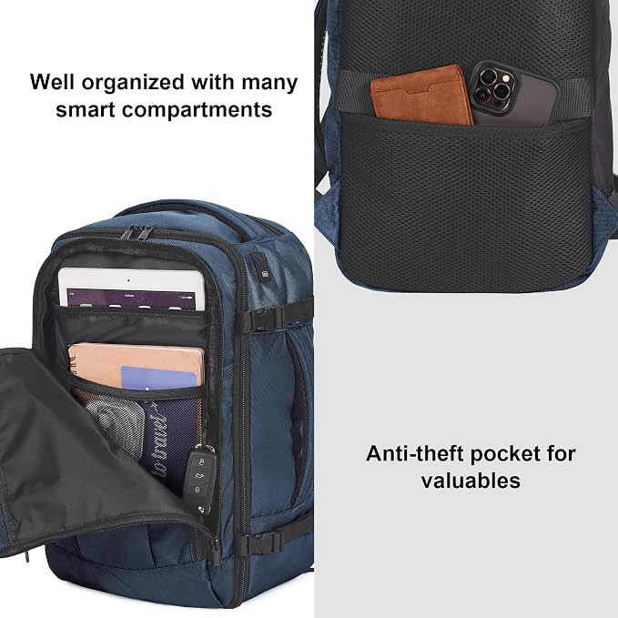ECOHUB Travel Backpack 18x14x8 Spirit Airlines Personal Item Bag Carry On Backpack 13 Pockets Large Work Casual Daypack for men Airline Approved Waterproof Gym Backpack with Charging Port, Blue - Image 5