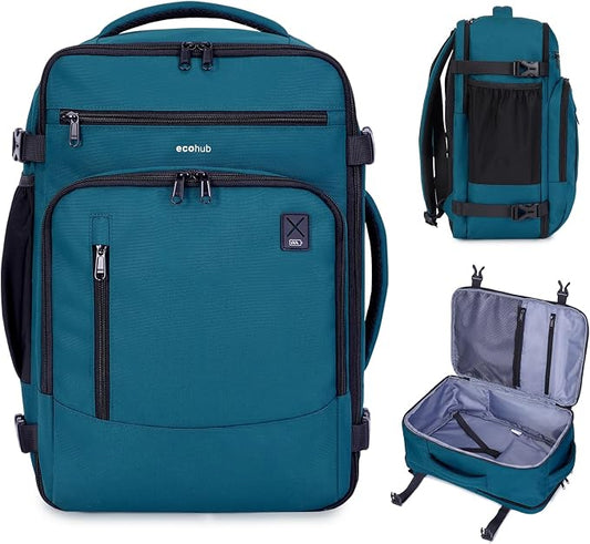 ECOHUB 17" Small Travel Backpack, United Airlines Personal Item Bag 17x10x9 with 16 Pockets, Water Resistant Rucksacks Fit 15.6" Laptop, AirTag Pocket, Lightweight Casual Daypack, 25L, Blue Green by ECOHUB