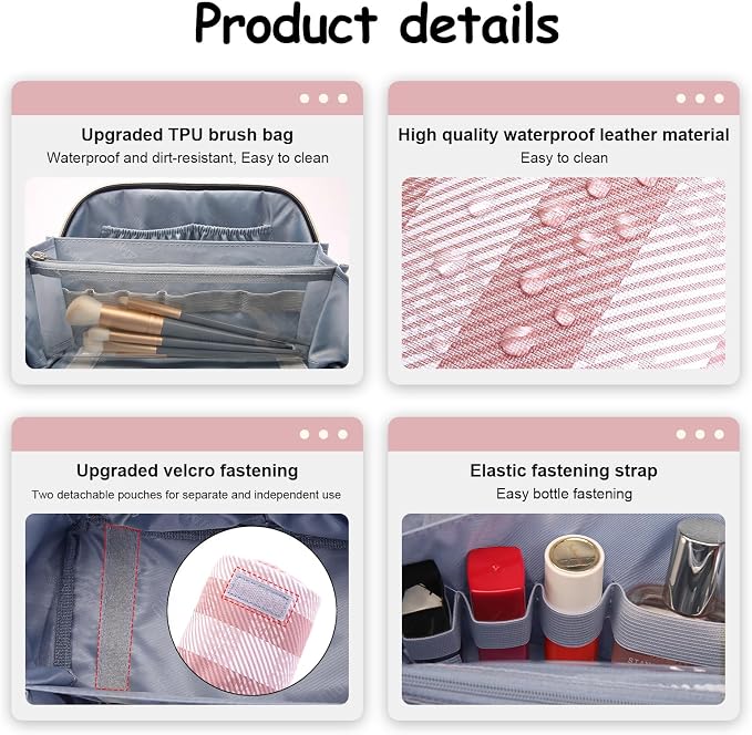 BOYATU Travel Makeup Bag Organizer Cosmetic Bag: 3 Pcs Set Make up Bags for Women with Handle - Waterproof Vegan Leather Toiletry Bags Travel Essentials Pouch with Compartments (F-03-Pink) - Image 4