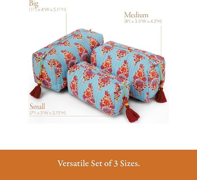 Saffron Marigold Quilted Makeup Bag Set of 3, Hand Block Printed Cotton Cosmetic Bags for Women, Waterproof Lined Travel Toiletry Bag, Coquette Aesthetic, Handmade Gift, Kashmir - Image 4