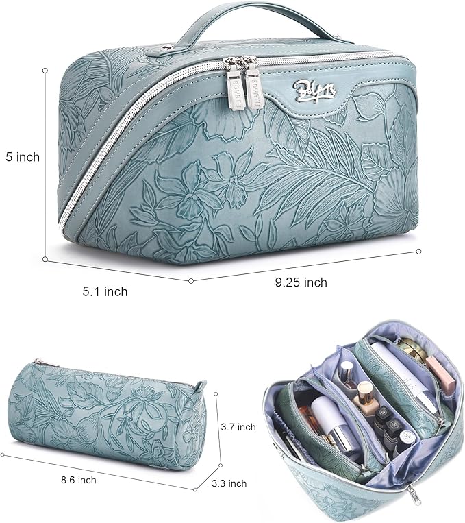 BOYATU Travel Makeup Bags Cosmetic Organizer Bag: 3 Pcs Set Large Capacity Floral Make up Bag with Compartments - Waterproof Leather Toiletry Bags with Handle for Women (01-Light Blue) - Image 2