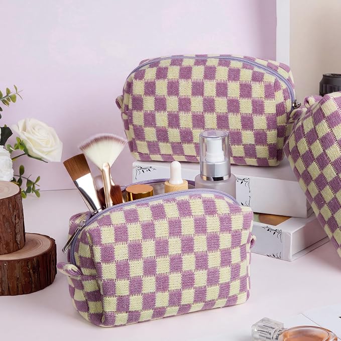 Gilprop 8 Pcs Checkered Makeup Bag for Purse Small Cosmetic Pouch Bulk Portable Zipper Makeup Pouch Travel Toiletry Organizer Gifts for Women Bridesmaid Wedding Party Favors (Purple) - Image 3