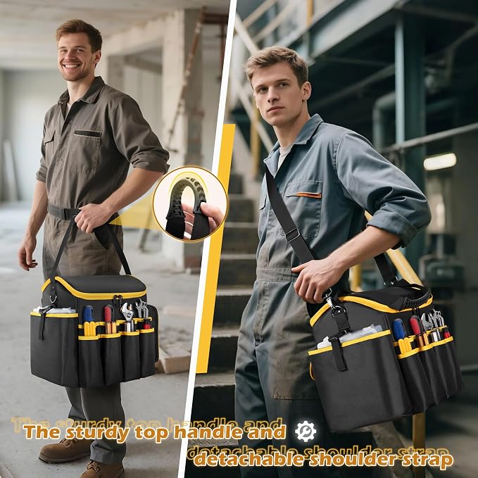 Marscamd Tool Bag with a Detachable Divider and Shoulder Strap, Heavy Duty Tool Tote with Multiple Pockets, Black - Image 6