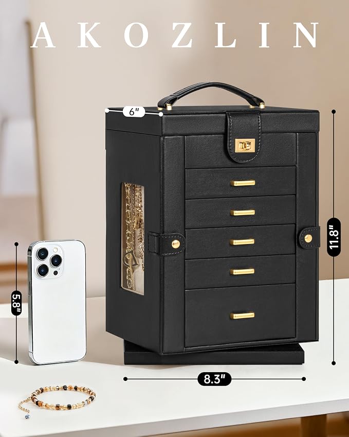 AKOZLIN 6-Tier Jewelry Box Organizer Functional 5 Drawers Leather Jewelry Storage Case for Women Girls Ring Necklace Earring Bracelet Holder Organizer with Mirror Black 360° Rotating - Image 5