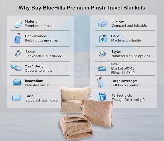 BlueHills Premium Soft Travel Blanket Pillows 2 Pack Airplane Warm - Beige | 2-Pack Travel Blanket Pillows Airplane, Luggage Strap, Carabiner, Flight Throw, Large Traveling Essentials, Warm Travel Gifts - Image 2