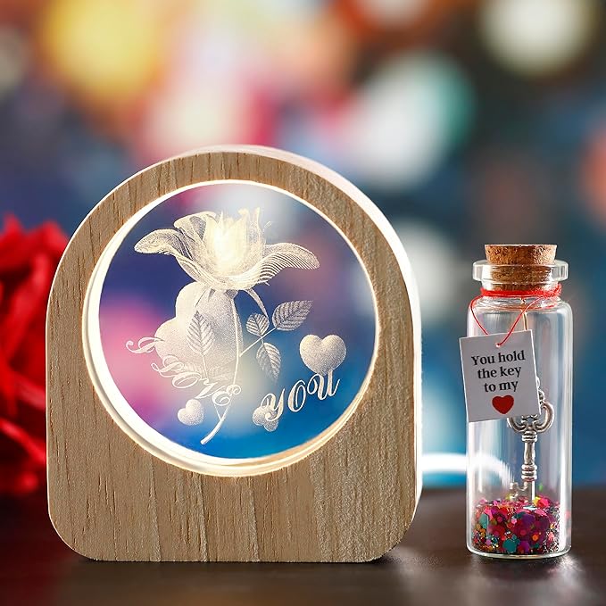 ZHSHWAT Gifts for Her,Romantic Rose Night Light and Heart Key Bottle Gift Set - Perfect for Valentines Day, Birthday, Mothers Day Anniversaries for Her Wife