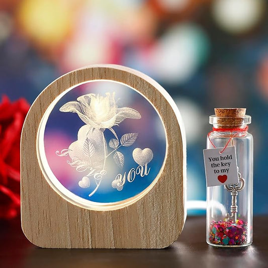 ZHSHWAT Gifts for Her,Romantic Rose Night Light and Heart Key Bottle Gift Set - Perfect for Valentines Day, Birthday, Mothers Day Anniversaries for Her Wife