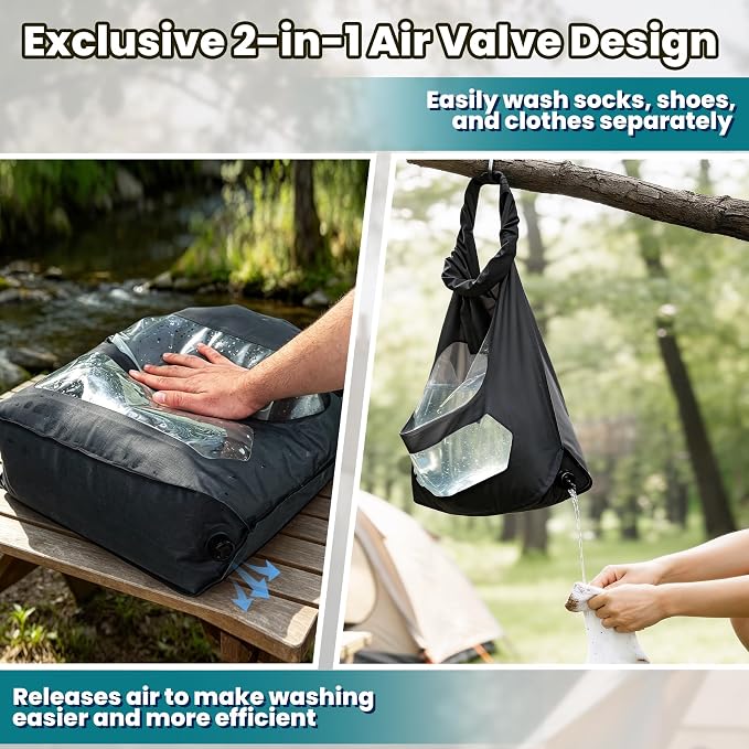 Portable Travel Washing Bag with 2-in-1 Air Valve Design | Travel Laundry Washing Bag Saves Water and Space for Camping, Cruise, Van Life, Lightweight Travel Laundry Solution - Image 4