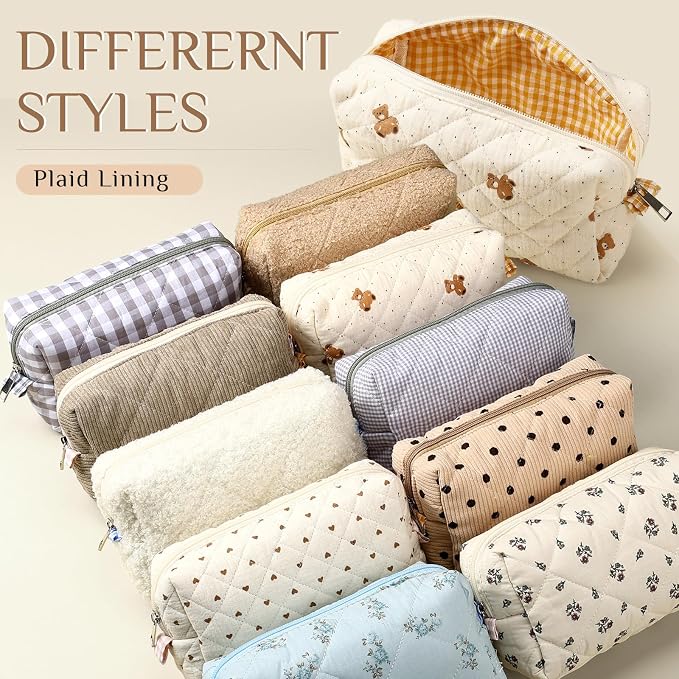 Paterr 10 Pcs Quilted Makeup Bag Bulk Cotton Floral Cosmetic Bag Women Girls Bridesmaid Gifts Cute Makeup Pouch Coquette Aesthetic Travel Toiletry Organizer(Plaid Floral,7.87 x 4.72 x 3.15 Inches) - Image 4