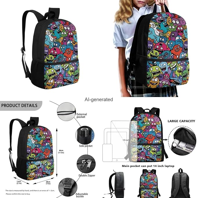 Monster Backpack for Kids Boys Backpack with Lunch Box Water Bottle Carrier with Strap and Cute Pencil Case 4PCS Bookbag with Front Pocket for School 17" Large School Bag for Elementary Girls - Image 3