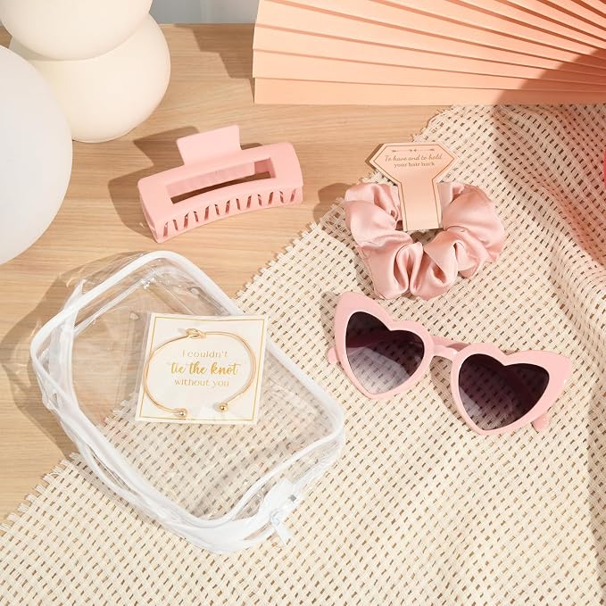 DEEKA 5 Pcs Bridesmaid Proposal Bag Set Gift Clear Makeup Toiletry Bag Bachelorette Party Favors Sunglasses Hair Claw Clips Scrunchies Knot Bracelets Bridal Wedding Party Gifts (Pink) - Image 7