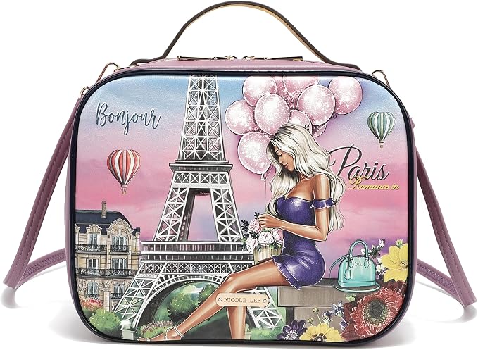 Nicole Lee Travel Handbag Crossbody Set with 3 Fashion Print Makeup Pouches, Women's Cosmetic Toiletry Organizer (Romance in Paris) - Image 9