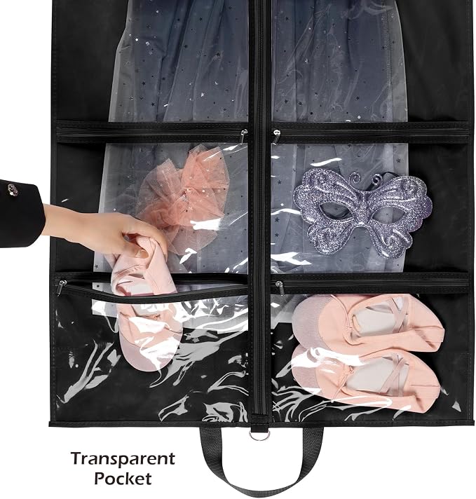 LOVEGRASS Kids Garment Bag for Dance Costumes, 40" Dance Garment Bags for Dancers with 4 Clear Zipper Pockets, Foldable Dance Competition Garment Bags for Hanging Clothes, 3 Pack, Black - Image 4
