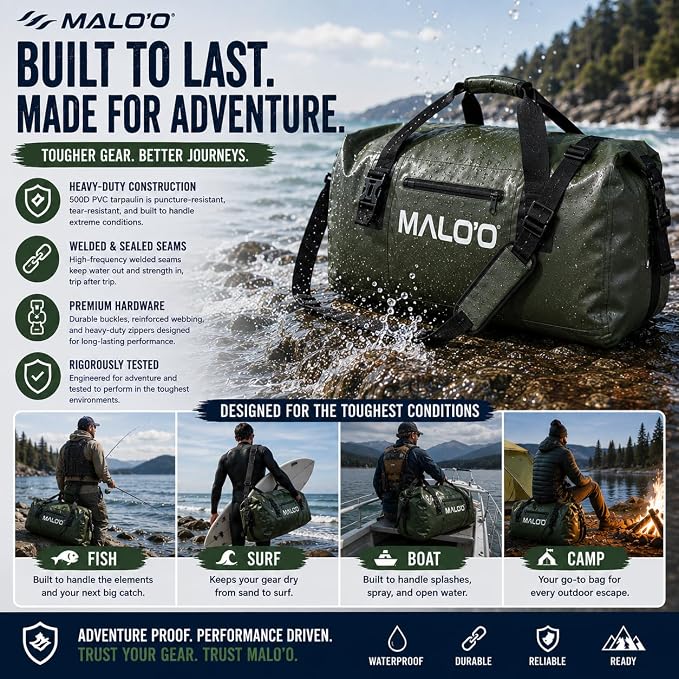 Malo’o Waterproof Dry Duffel, Heavy-Duty Roll Top Waterproof Gear Bag with Shoulder Strap & Molle Loops, Marine Duffel for Kayaking, Boating, Camping, Beach & Travel, Blue, 60L - Image 7