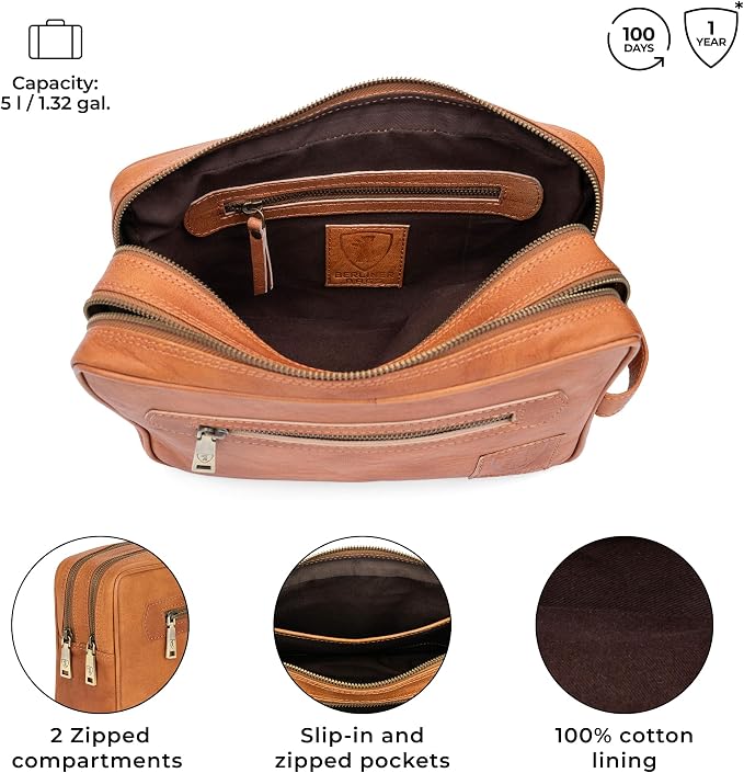 BERLINER BAGS Vintage Genuine Leather Toiletry Bag Paul for Travel, Two Zippered Compartments, Large Capacity Cosmetics Bag for Men and Women, Gift for Dad - Brown - Image 4