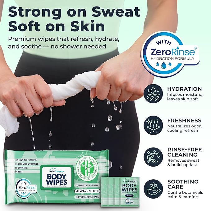Body Wipes for Women, Extra Moist No Rinse Bathing Sheets (4 Pack) – 200 XL Shower Cloths + 16 Deodorizing Bath Wipes, 10" x 11.5" Travel Toiletries for Women’s Hygiene and Post Workout