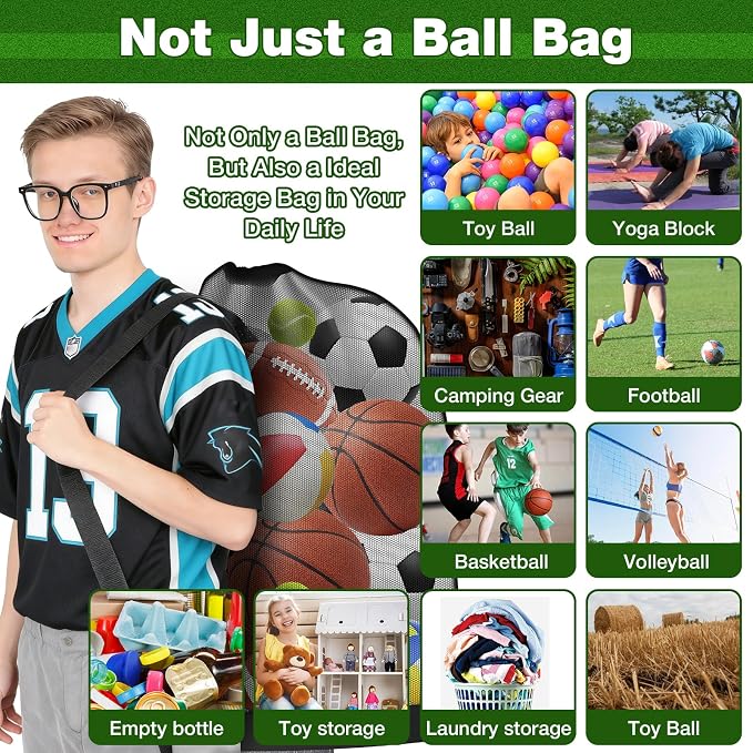 8 Pack Large Mesh Sports Bag,37 Inch Breathable Polyester Mesh Storage Bag with Adjustable Shoulder Strap & Outside Pocket,Foldable Drawstring Bag for Gym, Soccer,Basketball,Laundry,Travel,Camping - Image 3