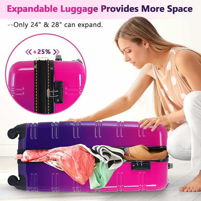 Merax Suitcase Set, Hardshell Luggage Sets 3 Piece with Spinner Wheels | Expandable Gradient Color Suitcase with TSA Lock Lightweight 20" 24" 28", Purple and Pink - Image 6