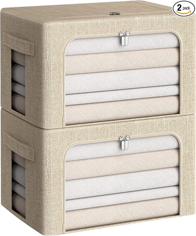 CYhom Clothes Storage Bins Box - Linen Fabric Foldable Stackable Container Organizer Set with Clear Window & Carry Handles & Metal Frame for Bedding, Blankets, Books (Beige, Medium-36L) by CYhom