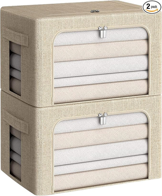 CYhom Clothes Storage Bins Box - Linen Fabric Foldable Stackable Container Organizer Set with Clear Window & Carry Handles & Metal Frame for Bedding, Blankets, Books (Beige, Medium-36L) by CYhom