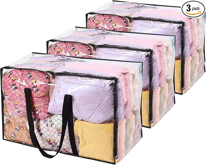 Vieshful 3 Pack Clear Storage Bags 110L Over-Sized Clothes Bags with Double Zippers Sturdy Handles Tote Moving Bags for Duvet, Comforters and Blankets Organizer by Vieshful