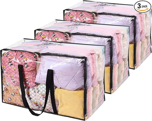 Vieshful 3 Pack Clear Storage Bags 110L Over-Sized Clothes Bags with Double Zippers Sturdy Handles Tote Moving Bags for Duvet, Comforters and Blankets Organizer by Vieshful