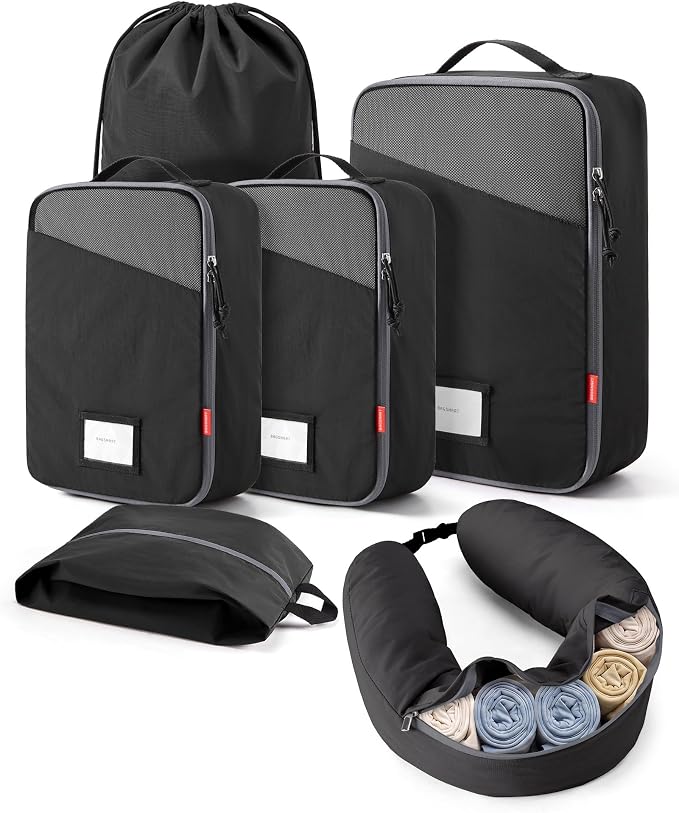 BAGSMART 6 Set Packing Cubes for Travel with Budget Airline Neck Pillow | Travel Essentials, Premium Compression Luggage Organizers for Suitcase, Ultimate Budget Airline Hack, 100% Personal Item Safe by BAGSMART