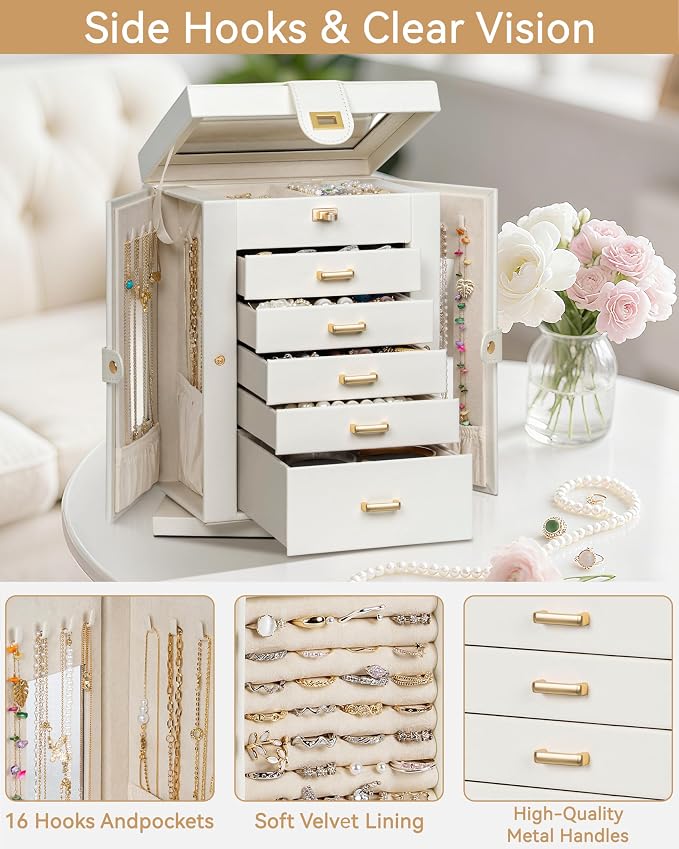 AKOZLIN 6-Tier Jewelry Box Organizer Functional 5 Drawers Leather Jewelry Storage Case for Women Girls Ring Necklace Earring Bracelet Holder Organizer with Mirror White 360° Rotating - Image 5
